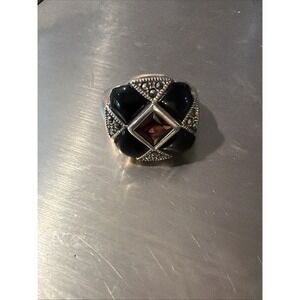 Vtg Signed NF Thailand 925 Sterling Silver Onyx Garnet & Marcasite Ring SZ 7 10g